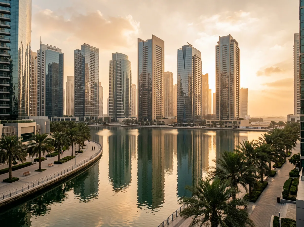 Towers of Jumeirah Lakes Towers, Dubai, at golden hour