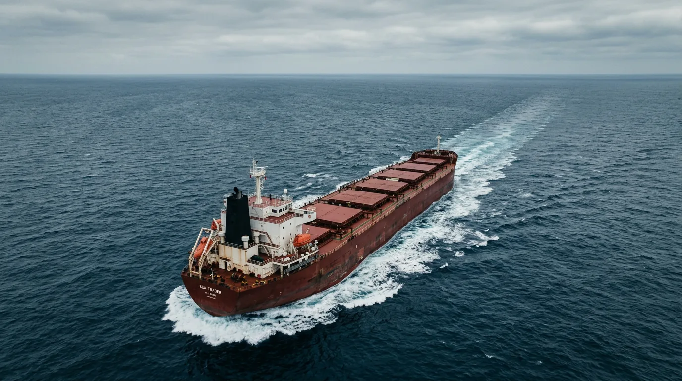 Loaded bulk carrier under way at sea, seen from the air